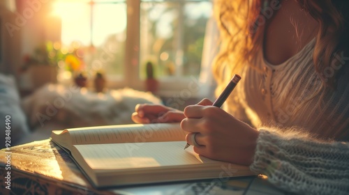 A woman writing in her journal with the sun shining on it