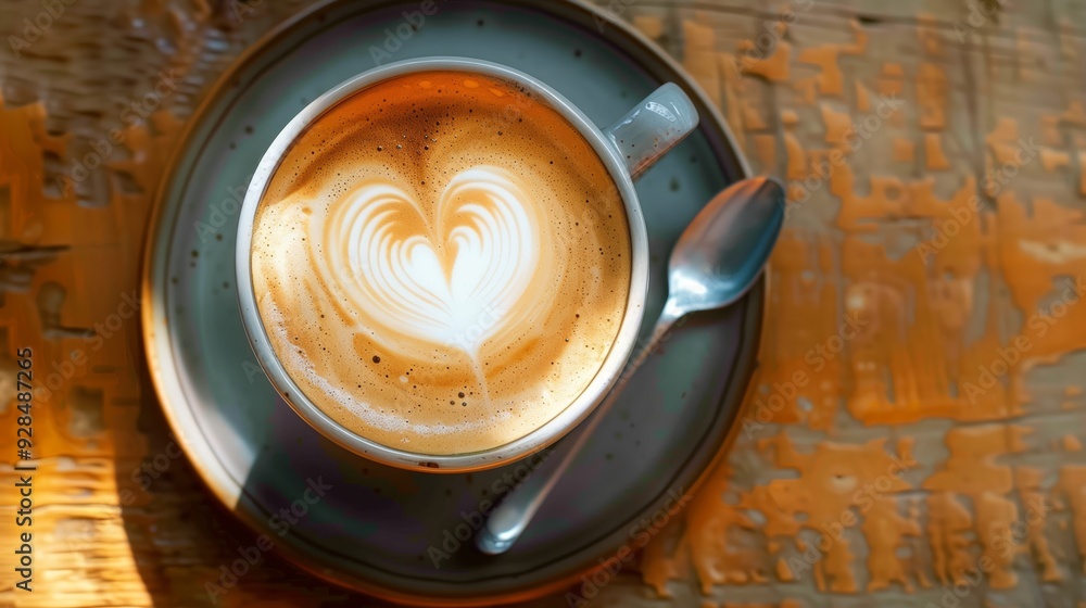 Cup of cappuccino with heart-shaped latte art on wooden table Cup of cappuccino with heart-shaped latte art on wooden table