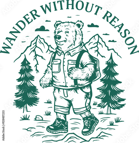 Wander Without Reason Design for T-Shirt, Vintage Retro Camping Bear Design, Camper Bear Art