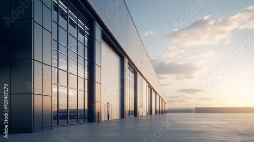 Modern warehouse with large glass windows and metal siding, empty concrete space in front, against a blue sky with clouds.