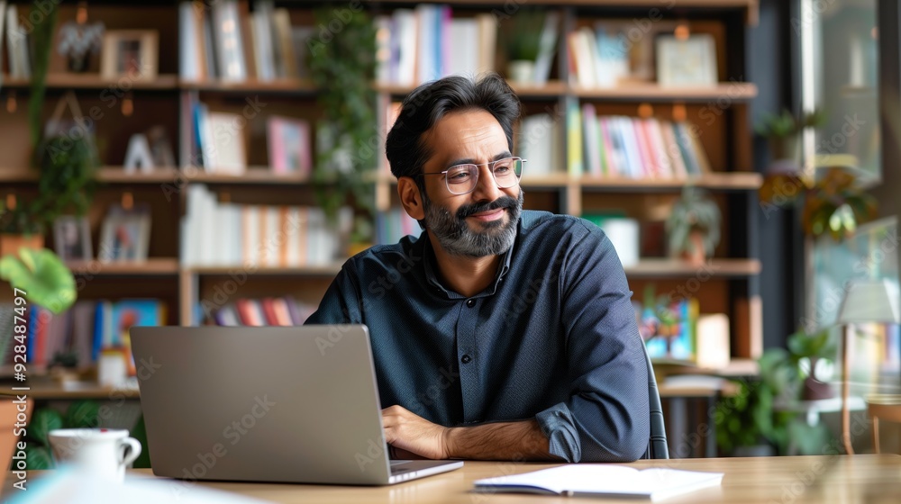 Happy middle aged business man ceo wearing glasses sitting at desk using laptop in office Happy middle aged business man ceo wearing glasses sitting at desk using laptop in office
