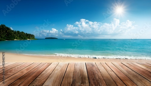 Empty wooden floor on topical sea with blue sky.