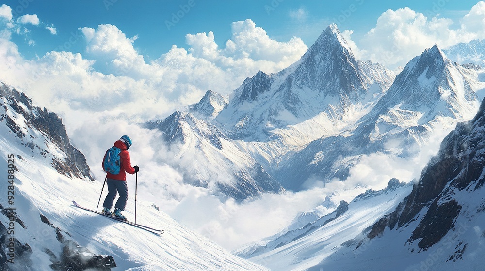 Skier standing on a snowy mountain slope with picturesque snow-capped peaks in the background under a blue sky with clouds. Generative ai Skier standing on a snowy mountain slope with picturesque snow-capped peaks in the background under a blue sky with clouds. Generative ai
