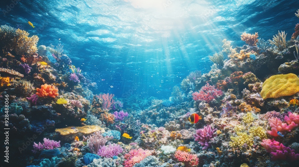 Naklejka premium A vibrant underwater scene with colorful coral reefs and marine life, showcasing the wonders of diving travel