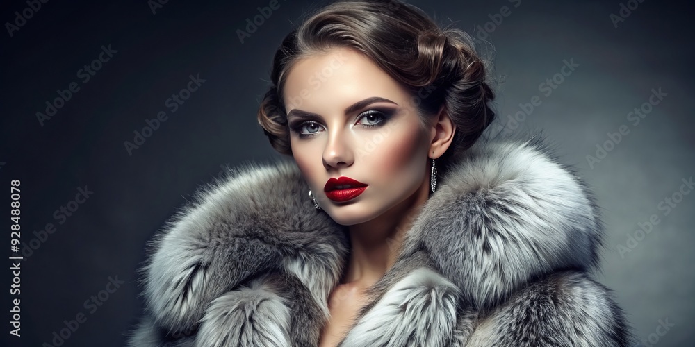 Glamorous young woman models a luxurious silver fox fur coat, accentuated by elegant evening makeup, against a sleek grey studio backdrop, exuding refined winter sophistication. Glamorous young woman models a luxurious silver fox fur coat, accentuated by elegant evening makeup, against a sleek grey studio backdrop, exuding refined winter sophistication.