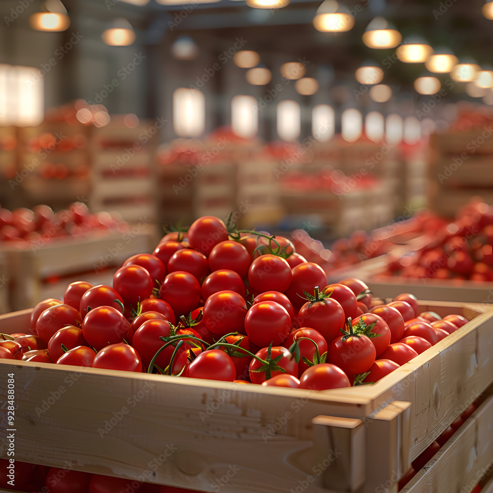 Cherry tomatoes harvested in wooden boxes in a warehouse. Natural organic vegetable abundance. Healthy and natural food storing and shipping concept. Cherry tomatoes harvested in wooden boxes in a warehouse. Natural organic vegetable abundance. Healthy and natural food storing and shipping concept.