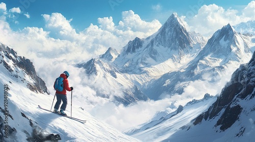 Skier standing on a snowy mountain slope with picturesque snow-capped peaks in the background under a blue sky with clouds. Generative ai