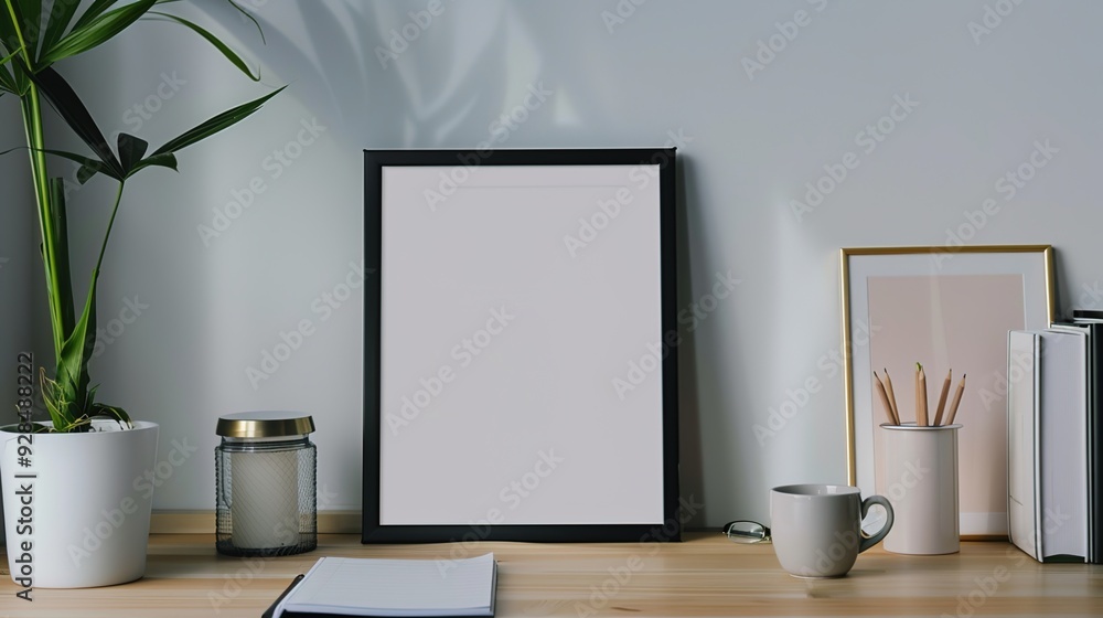 Poster mock up on a white wall with wooden frame, design, blank, template, presentation, decoration, background, layout Poster mock up on a white wall with wooden frame, design, blank, template, presentation, decoration, background, layout
