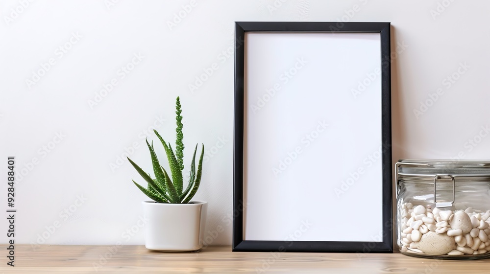Poster mock up on a white wall with wooden frame, design, blank, template, presentation, decoration, background, layout Poster mock up on a white wall with wooden frame, design, blank, template, presentation, decoration, background, layout