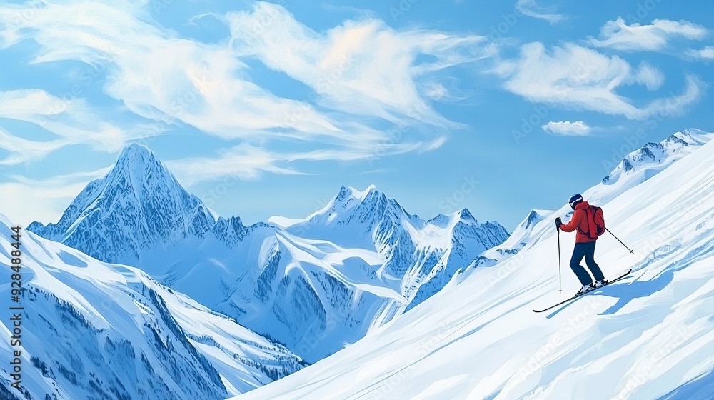 Skier standing on a snowy mountain slope with picturesque snow-capped peaks in the background under a blue sky with clouds. Generative ai Skier standing on a snowy mountain slope with picturesque snow-capped peaks in the background under a blue sky with clouds. Generative ai