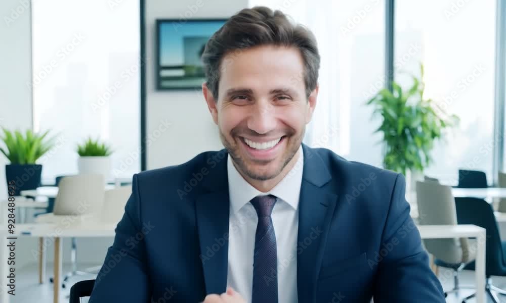 Smiling handsome businessman in suit, sitting confidently at his desk in a bustling office Smiling handsome businessman in suit, sitting confidently at his desk in a bustling office