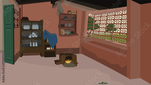 Indian kitchen indoor design vector background with utensils shelf,stove, and window.Indoor design 