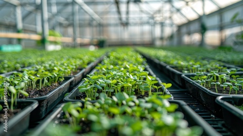 Realistic view of a greenhouse with rows of trays filled with growing microgreens, depicting commercial production photo