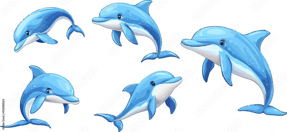 Fototapeta premium Set of cute blue dolphin cartoons in various poses white background