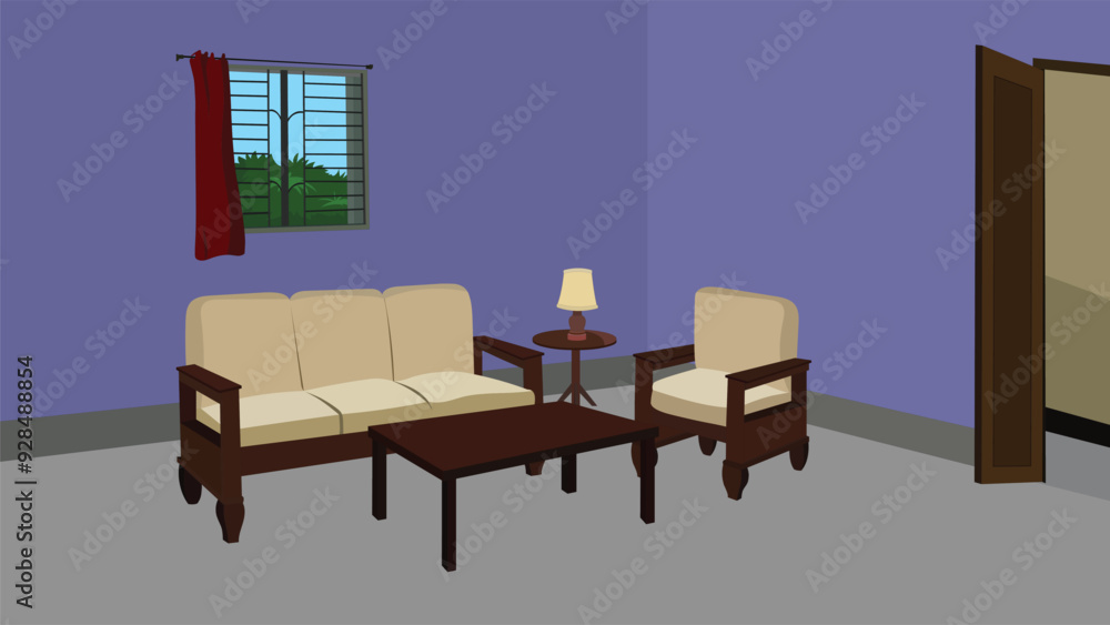 Indian Living room interior design with sofa set, table a lamp on a stand,window and a wooden door Indian Living room interior design with sofa set, table a lamp on a stand,window and a wooden door