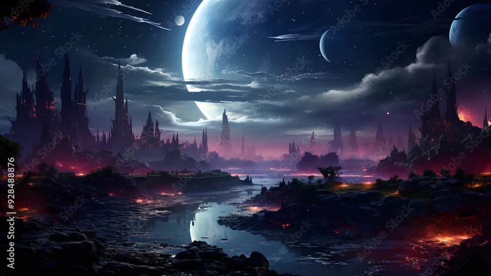 A breathtaking view of a mystical city bathed in the moonlight. The city is surrounded by a river, and in the distance, two moons shine brightly. A breathtaking view of a mystical city bathed in the moonlight. The city is surrounded by a river, and in the distance, two moons shine brightly.