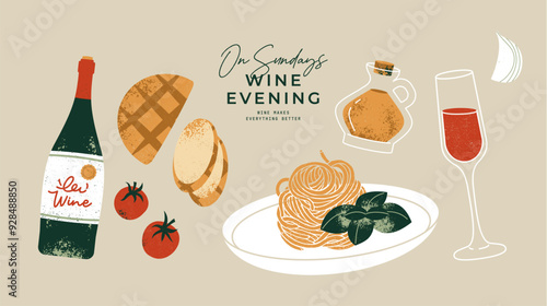 Wine and food design template. Pasta with glass of wine. Vector illustration