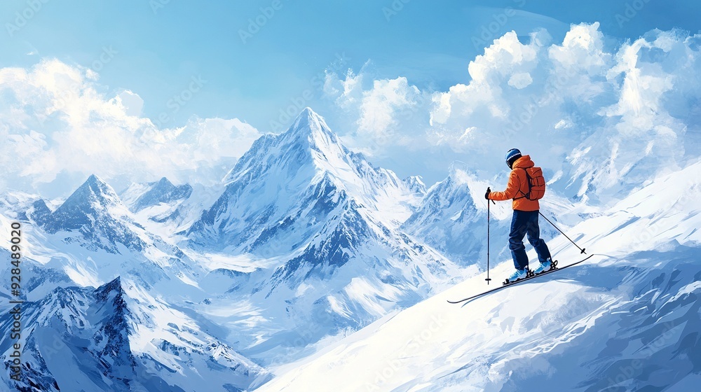 Skier standing on a snowy mountain slope with picturesque snow-capped peaks in the background under a blue sky with clouds. Generative ai Skier standing on a snowy mountain slope with picturesque snow-capped peaks in the background under a blue sky with clouds. Generative ai