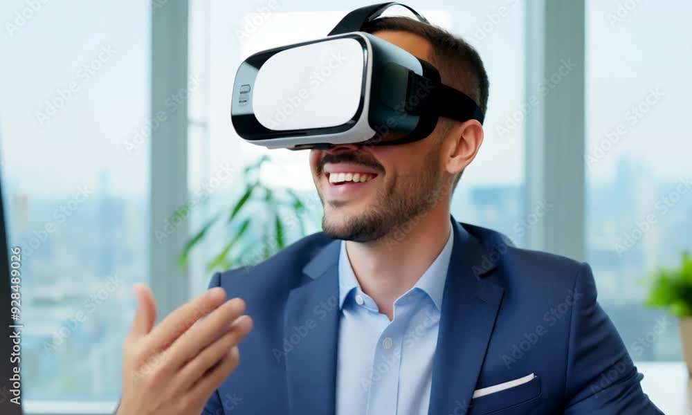 Smiling businessman in suit, holding binoculars, standing confidently in office Smiling businessman in suit, holding binoculars, standing confidently in office