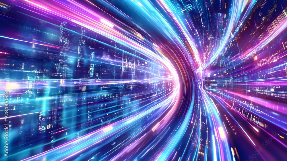 Abstract Neon Lights Tunnel, Futuristic Technology Abstract Neon Lights Tunnel, Futuristic Technology
