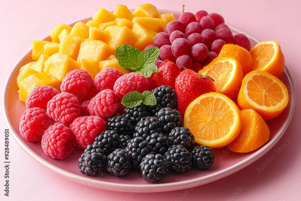 A colorful fruit platter, isolated on a pastel pink background, representing a variety of vitamins and antioxidants, A colorful fruit platter, isolated on a pastel pink background, representing a variety of vitamins and antioxidants,