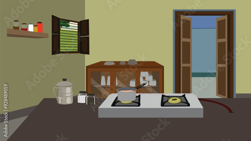 Kitchen room interior design with stove,shelf,utensils.Kitchen vector background design for cartoon