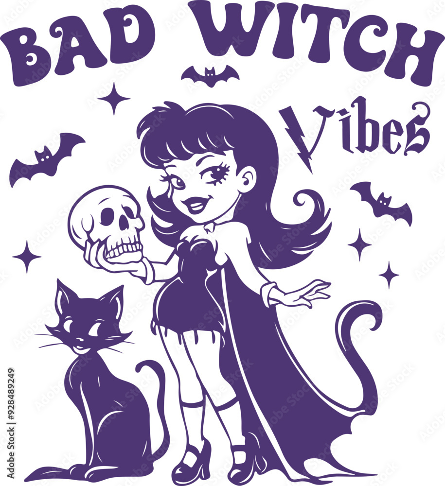 Bad Witch Vibes Quote, Retro Witch with Black Cat Shirt Design, Halloween Witch, Halloween Black Cat Bad Witch Vibes Quote, Retro Witch with Black Cat Shirt Design, Halloween Witch, Halloween Black Cat