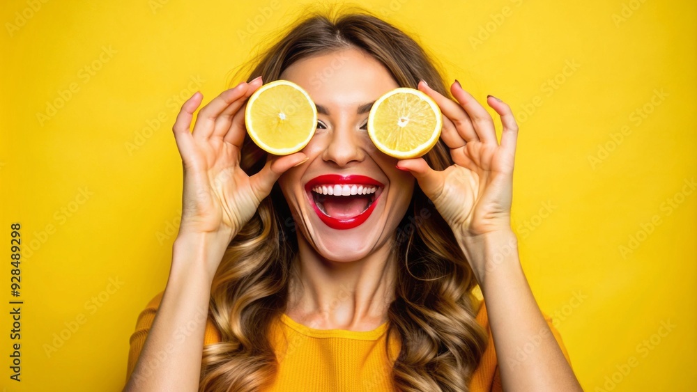 Vibrant smiling woman playfully holds two slices of sweet lemon in front of her eyes, her bright facial expression radiating joy and carefree spirit. Vibrant smiling woman playfully holds two slices of sweet lemon in front of her eyes, her bright facial expression radiating joy and carefree spirit.