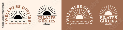Pilates wellness girlies lovers club squad lettering girl coach workout studio quotes shirt design template pack. Boho retro sun aesthetic healthy lifestyle event community printable vector cut file.