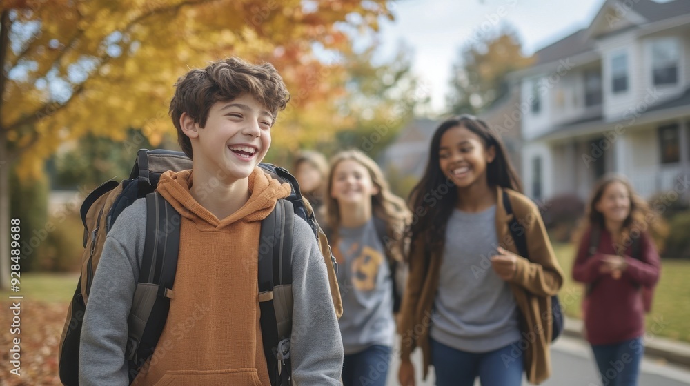 A group of school friends walking home together after class, backpacks slung over their shoulders, chatting and laughing, autumn leaves on the ground, neighborhood houses in the background, capturing A group of school friends walking home together after class, backpacks slung over their shoulders, chatting and laughing, autumn leaves on the ground, neighborhood houses in the background, capturing