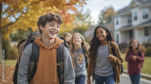 A group of school friends walking home together after class, backpacks slung over their shoulders, chatting and laughing, autumn leaves on the ground, neighborhood houses in the background, capturing