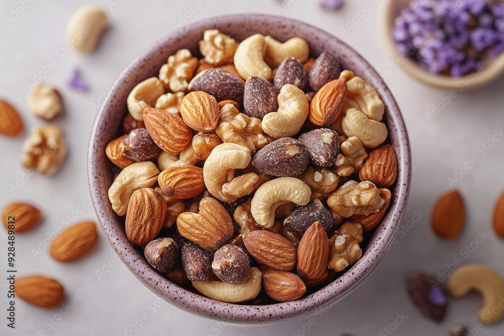 A bowl of mixed nuts, isolated on a pastel lavender background, symbolizing healthy snacking, A bowl of mixed nuts, isolated on a pastel lavender background, symbolizing healthy snacking,