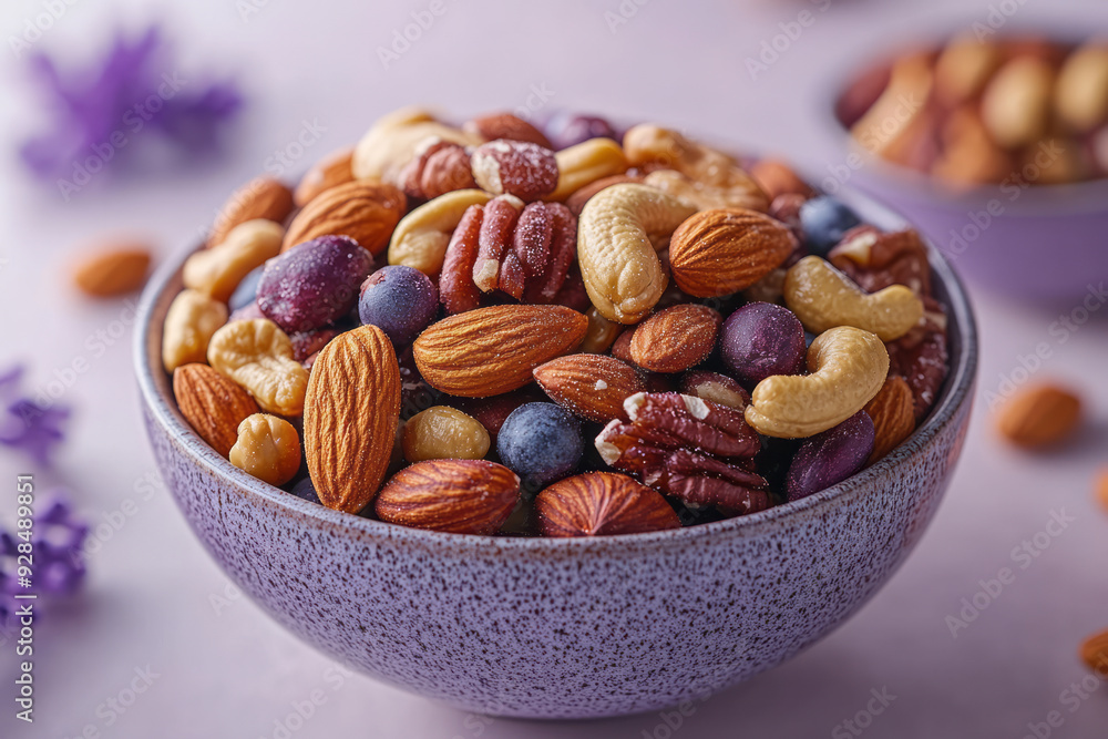 A bowl of mixed nuts, isolated on a pastel lavender background, symbolizing healthy snacking, A bowl of mixed nuts, isolated on a pastel lavender background, symbolizing healthy snacking,
