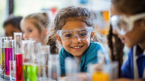 A bright and airy classroom filled with elementary students engaged in a hands-on science experiment, with test tubes, beakers, and safety goggles, under the guidance of an enthusiastic teacher,