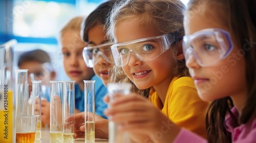A bright and airy classroom filled with elementary students engaged in a hands-on science experiment, with test tubes, beakers, and safety goggles, under the guidance of an enthusiastic teacher,