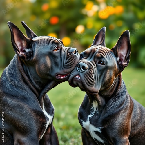 Le bisou entre deux chiots cane corso dans le jardin cane corso puppies Ultra realistic Photorealistic  photo