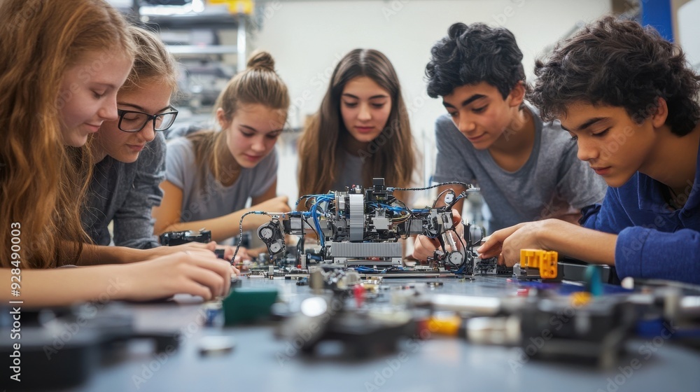 A team of students working on a robotics project together in a school lab, assembling and programming a robot, tools and parts spread out on the table, expressions of concentration and teamwork, and A team of students working on a robotics project together in a school lab, assembling and programming a robot, tools and parts spread out on the table, expressions of concentration and teamwork, and