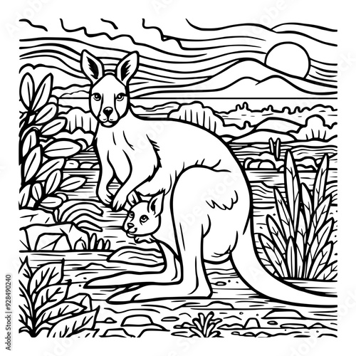 mother and baby kangaroo coloring page , illustration , sketching , coloring book ,australian kangaroo , outline drawing ,	