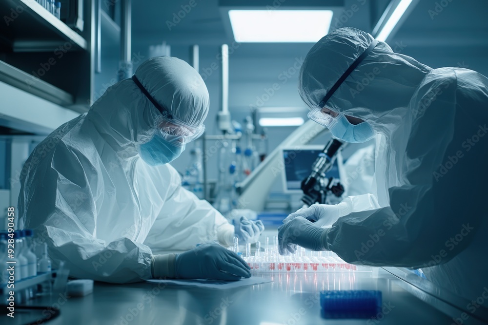 Scientists in protective suits work with microscopes and chemical bottles in the lab Scientists in protective suits work with microscopes and chemical bottles in the lab