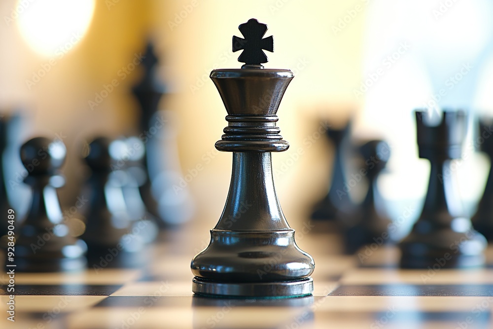 A black king chess piece stands on a chessboard showing strategy A black king chess piece stands on a chessboard showing strategy