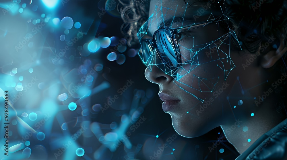Close-up portrait of a young person wearing glasses with a blue digital network overlay. Close-up portrait of a young person wearing glasses with a blue digital network overlay.