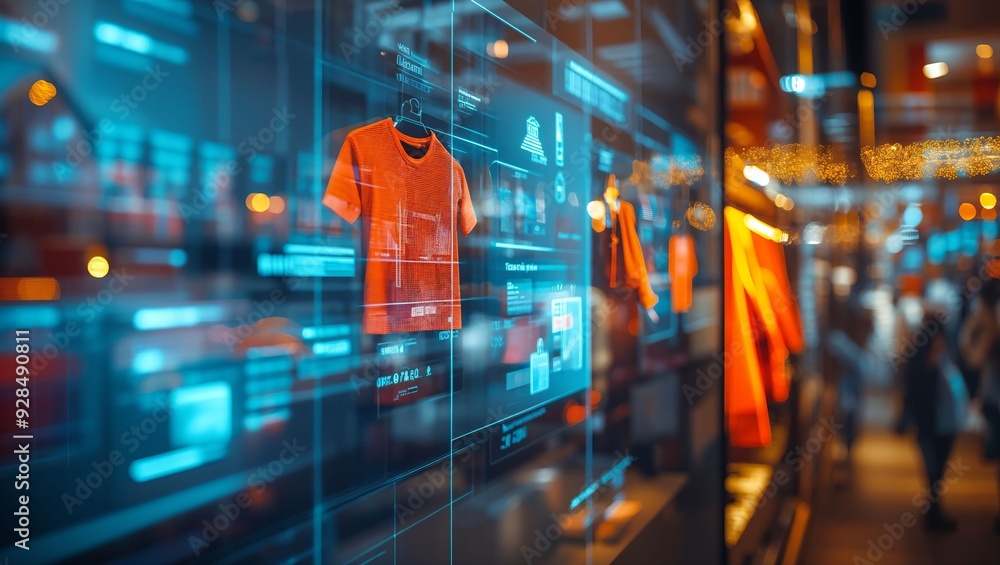 A Glimpse into the Future: Sleek Smart Retail Display Showcasing Vibrant Clothing with Interactive Digital Elements Amidst a Contemporary Shopping Atmosphere A Glimpse into the Future: Sleek Smart Retail Display Showcasing Vibrant Clothing with Interactive Digital Elements Amidst a Contemporary Shopping Atmosphere