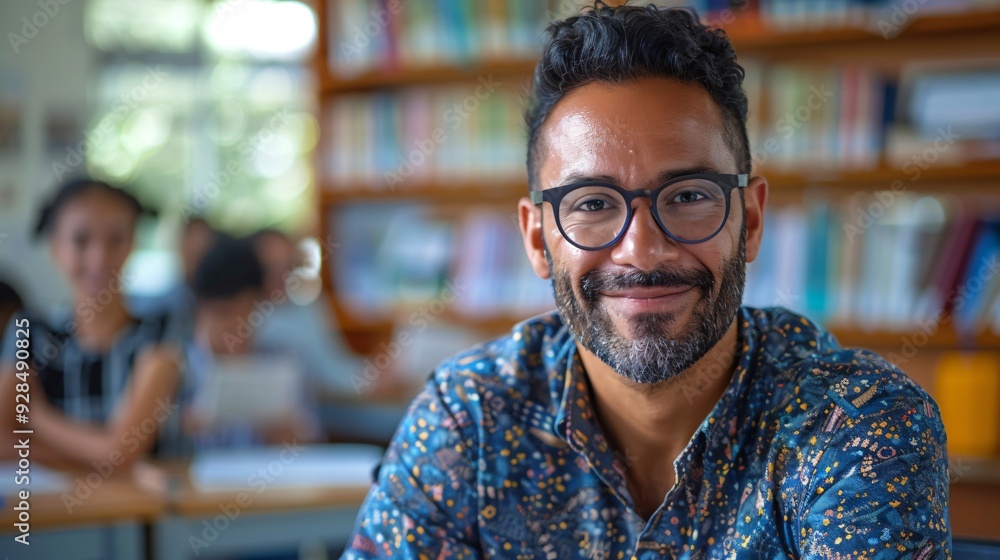 Obraz premium Portrait of a male teacher smiling in class with copy space