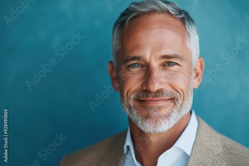 Handsome middle-aged man in business attire smiling against a blue backdrop photo