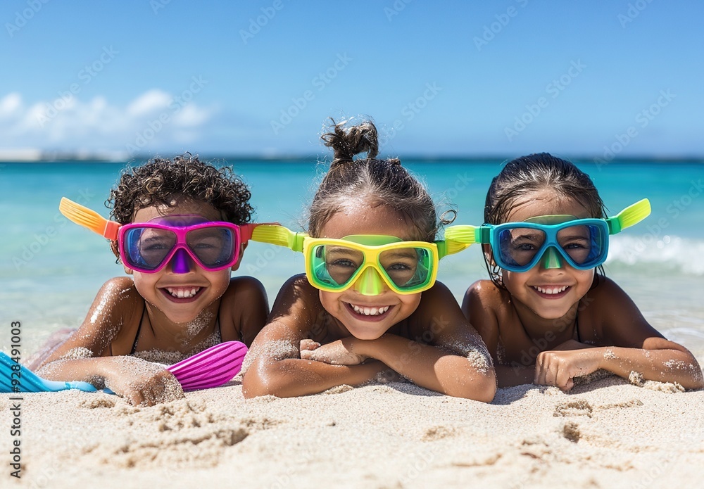 Kids ready for summer adventure wearing vibrant goggles and flippers on the sand Kids ready for summer adventure wearing vibrant goggles and flippers on the sand
