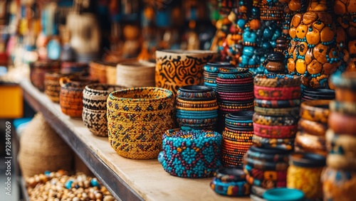 Vibrant Display of Artisan Crafts: A Captivating Showcase of Colorful Handmade Baskets and Unique Objects that Tell the Story of Culture and Creativity in Every Piece. photo