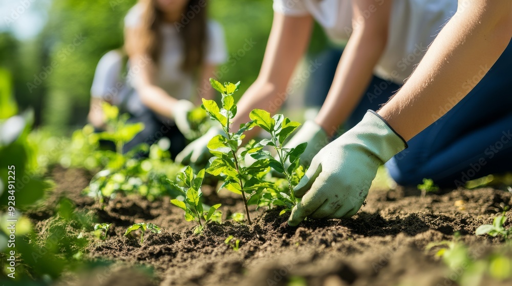 Fototapeta premium Young people are planting trees in the park, with some of them wearing gloves and gardening.