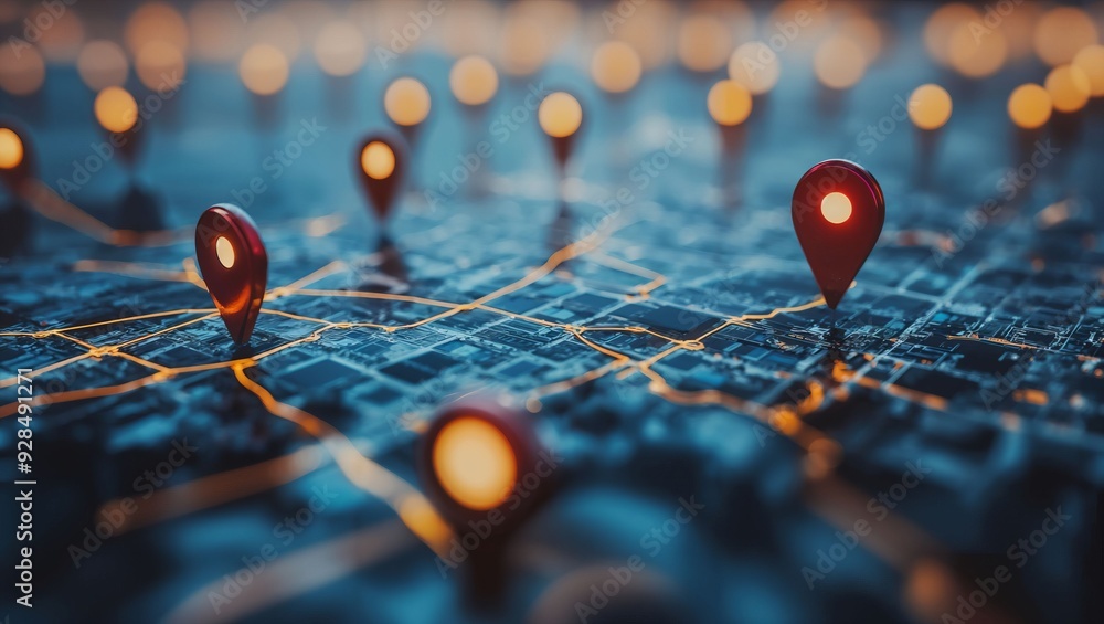 Navigating the Urban Landscape: A Stunning Visual of Geolocated Points Illuminating a Darkened City Map, Highlighting Connectivity and Modern Navigation Technology. Navigating the Urban Landscape: A Stunning Visual of Geolocated Points Illuminating a Darkened City Map, Highlighting Connectivity and Modern Navigation Technology.