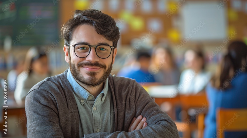 Portrait of a male teacher smiling in class with copy space Portrait of a male teacher smiling in class with copy space