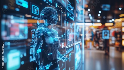 Exploring the Fusion of Technology and Humanity: A Visually Stunning Representation of a Digital Being Interacting with an Array of Futuristic Data Interfaces.